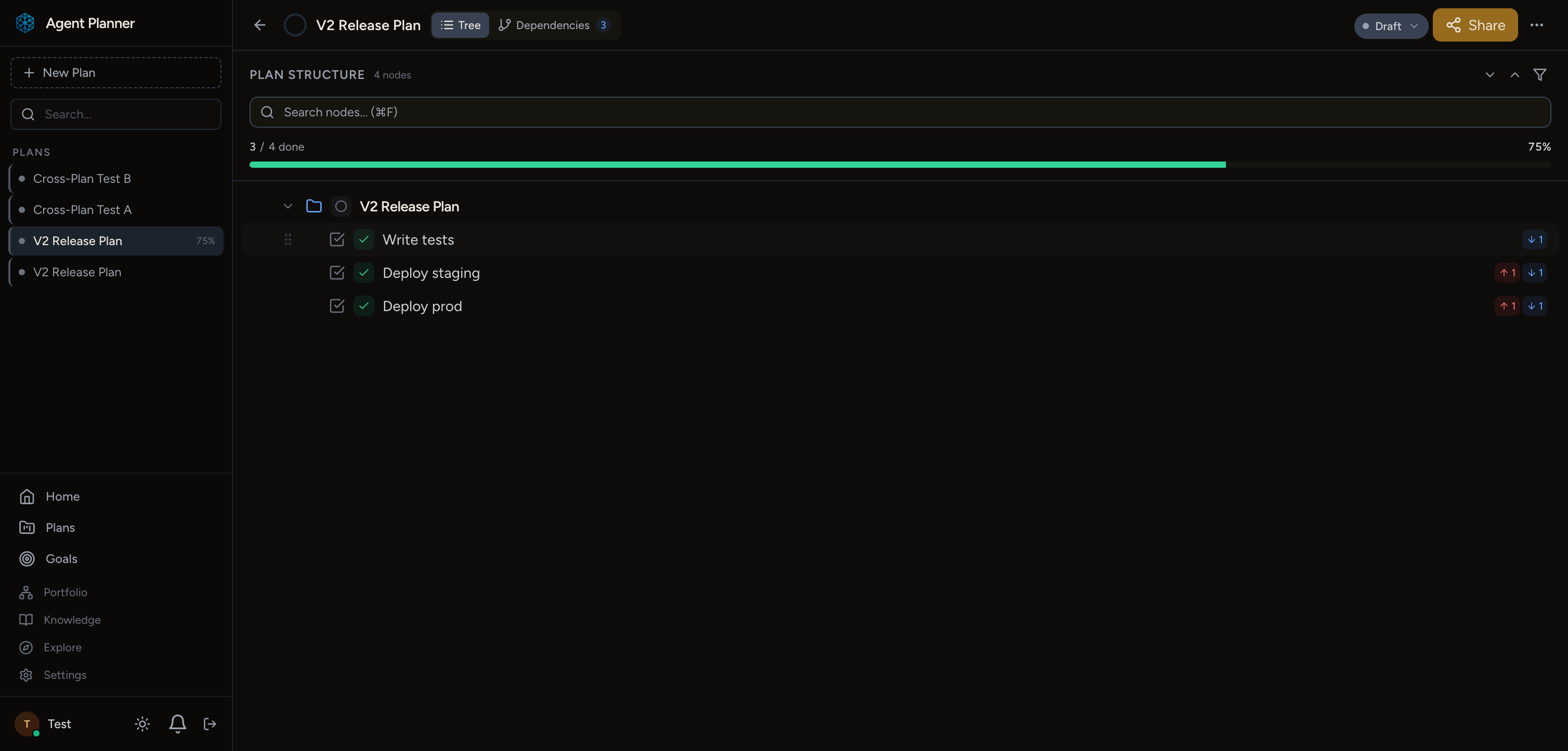 AgentPlanner release plan showing task completion, a plan tree, and dependency indicators.